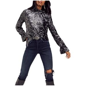 NWT Free People Moonstruck Sequin Open Back Mock Neck Long Sleeve Top SIZE LARGE